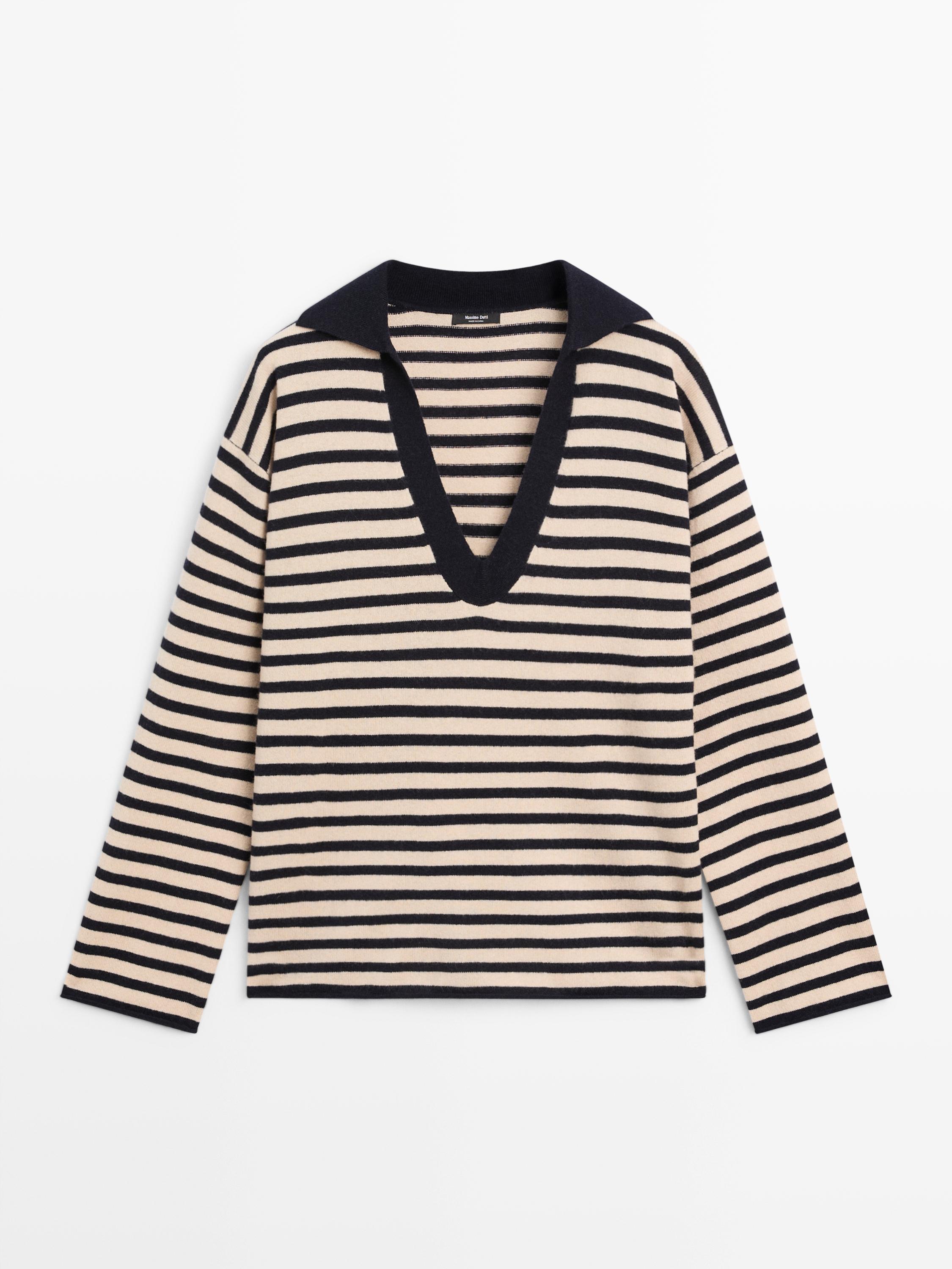 Striped V-neck knit sweater